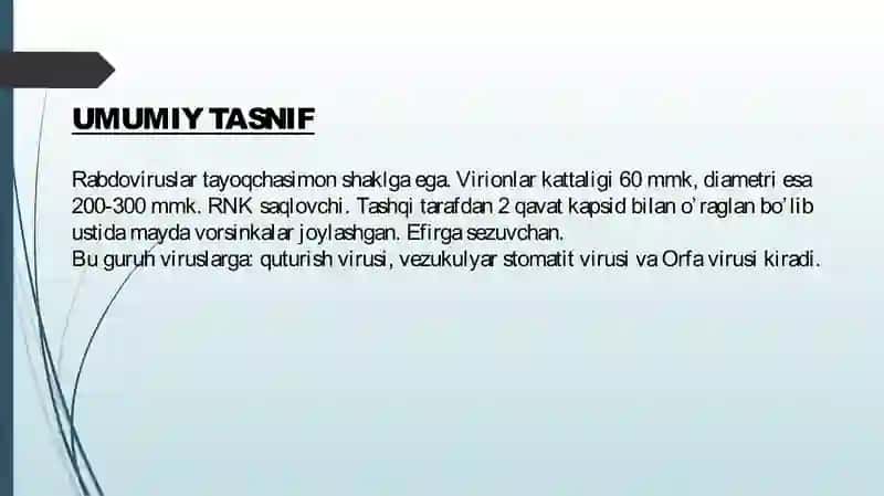 Neyrotropviruslar: rabdoviruslar xarakteristikasi va laborator tashxis 3