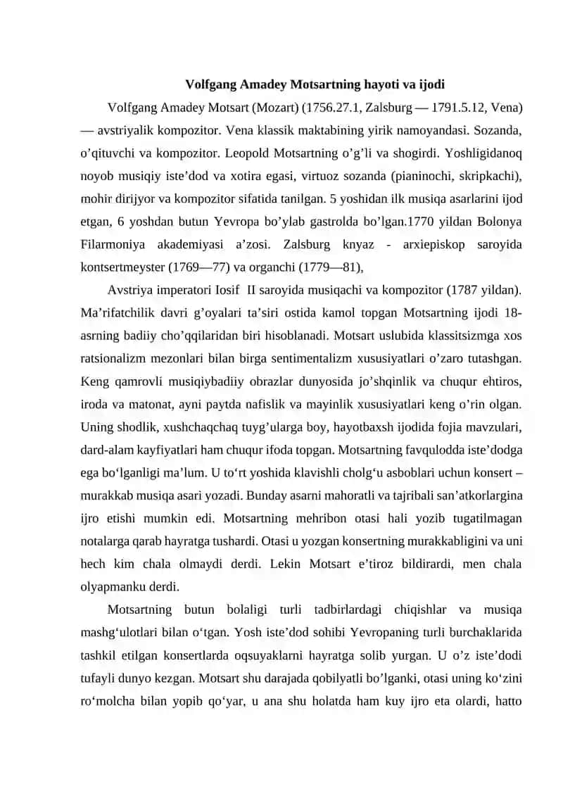 V.Motsart  fortepiano asarlari va konsertari. Asarlaridan parchalar ijro etish 3