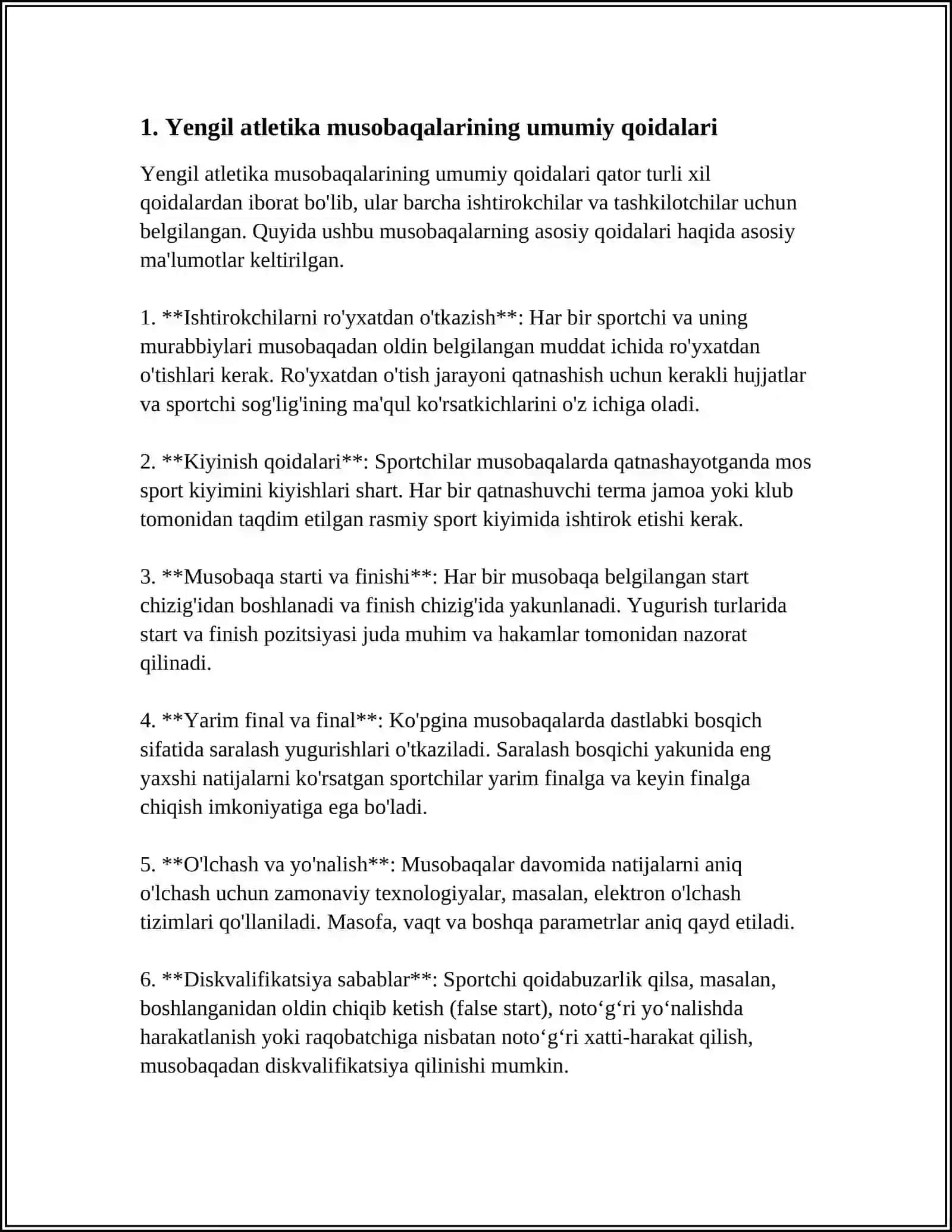 YENGIL ATLETIKA MUSOBAQA QOIDALARI, MUSOBAQALARNI TASHKIL ETISH VA O'TKAZISH TIZIMLARI 3