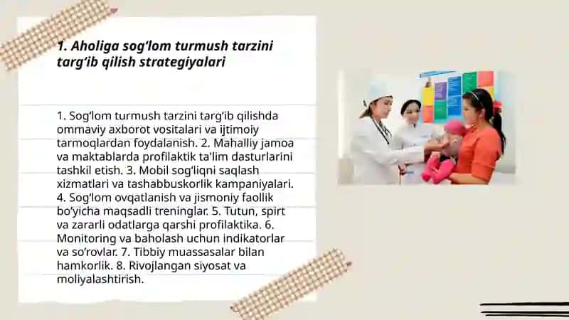 3-mavzu. Sog‘lom turmush tarzini shakllantirish bo‘yicha aholiga axborot etkazish usullari, olib borilgan ishlarni monitoring qilish va baholash. Tibbiy muassasalarda aholi salomatligini saqlash, mustahkamlash. 3