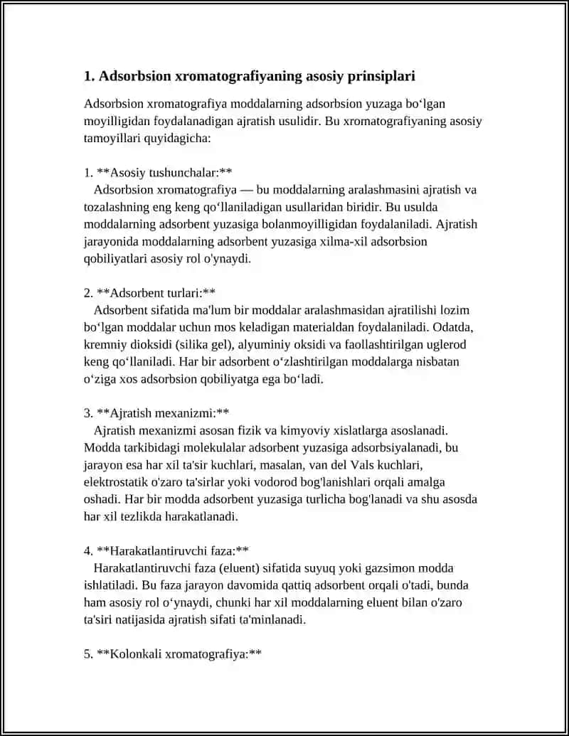 ADSORBSION XROMATOGRAFIYA. ION ALMASHINUV XROMATOGRAFLARI. QOGʻOZ XROMATOGRAFIYASI.QOLDIQLI XROMATOGRAFIYA 3