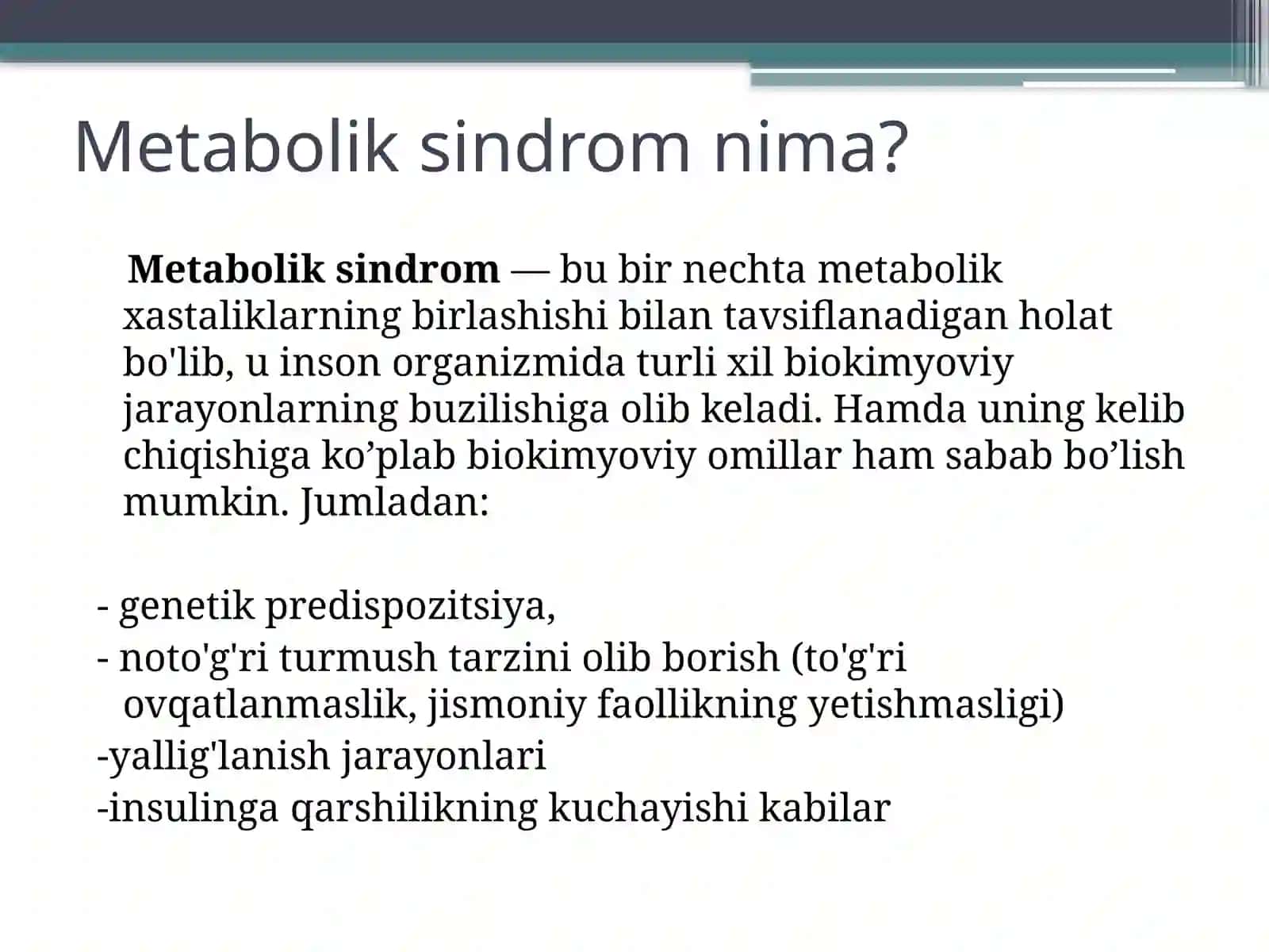 Metabolik sindrom kelib chiqishining biokimyoviy asoslari va asoratlari. Endemik buqoq va gipoterioz patogenezi va davolash usullari 3