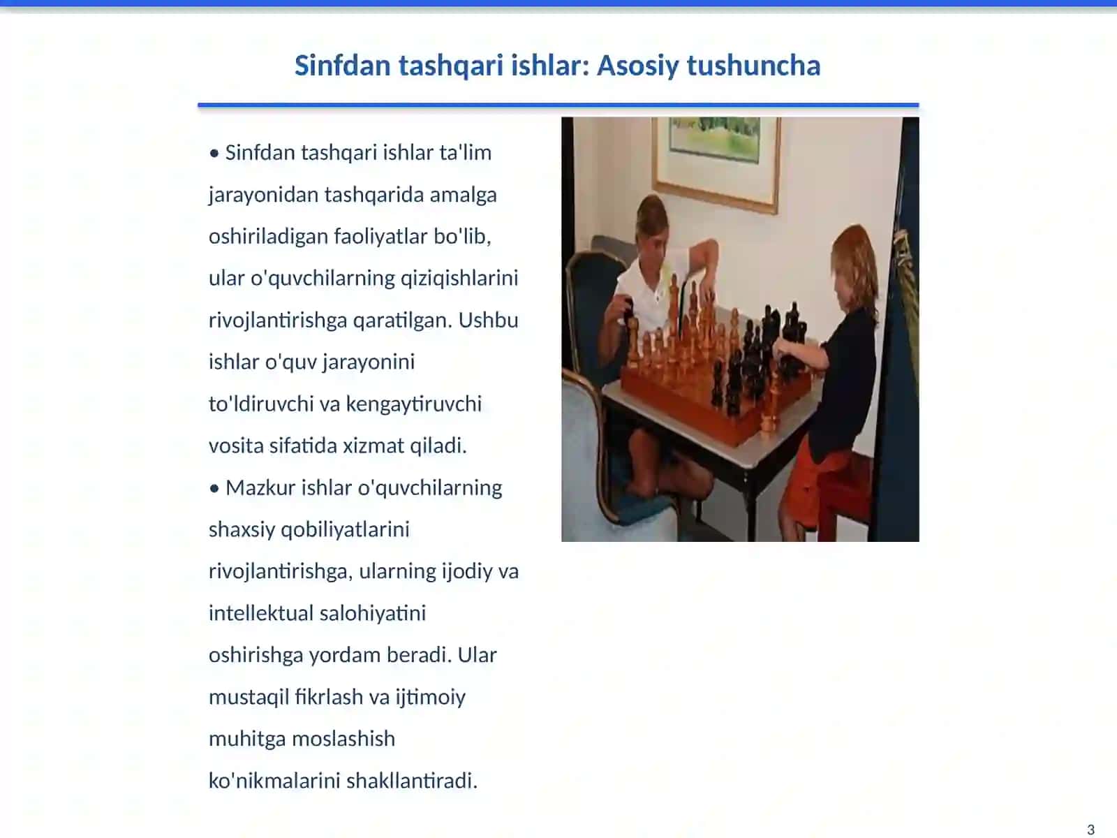 Sinfdan tashqari ishlarni tashkil etishning maqsadi va vazifasini oʻrganish 3