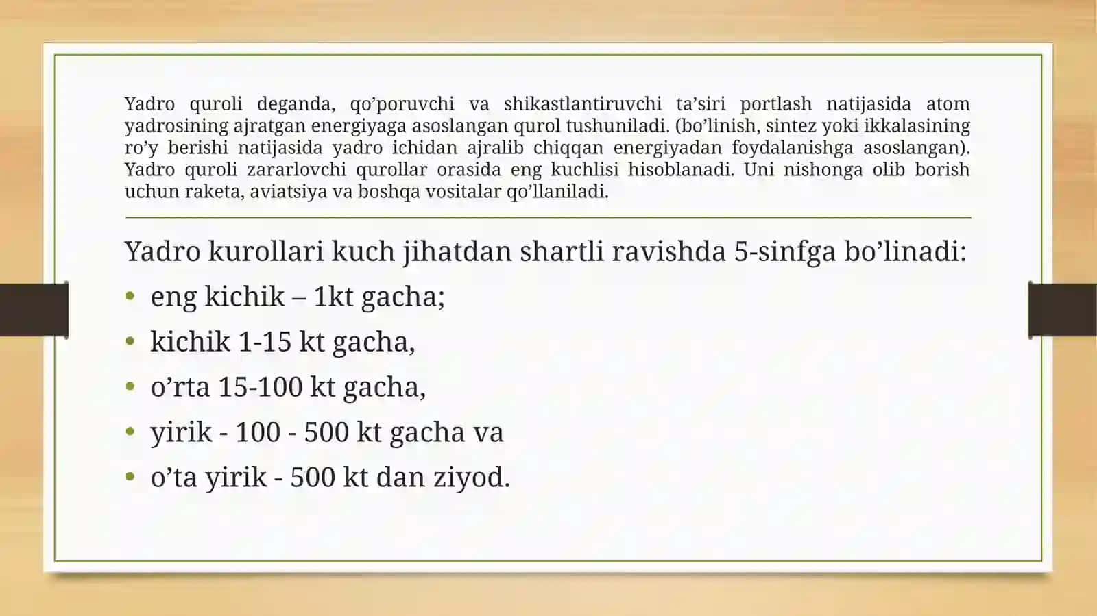 Ommaviy qirg’inqurollarining tasnifi. Jabrlanish o’choqlarining tibbiy taktiktavsifi. Yo’qotishlar. Yadroviy qurol. Trotilekvivalenti. Yadroviy portlashomillari 3