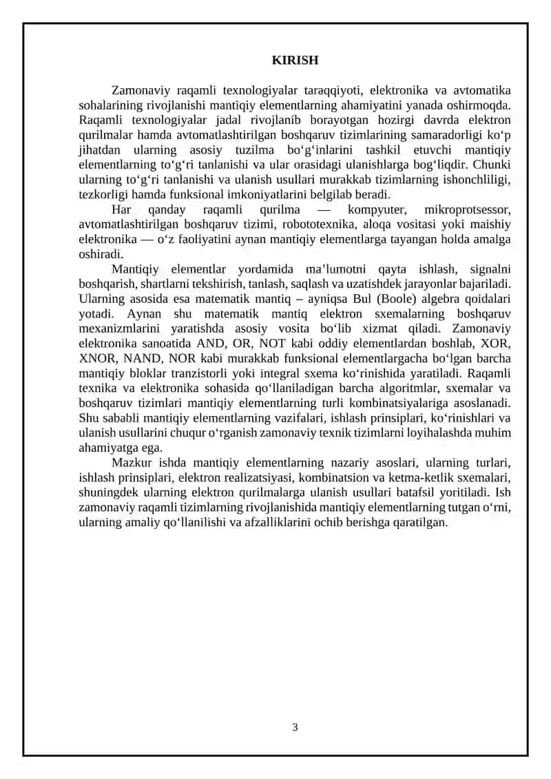 Mantiqiy elementlarning vazifasi, ko‘rinishlari, elektron qurilmalarda ulanish usullari uchun kurs ishi va mustaqil ish 3