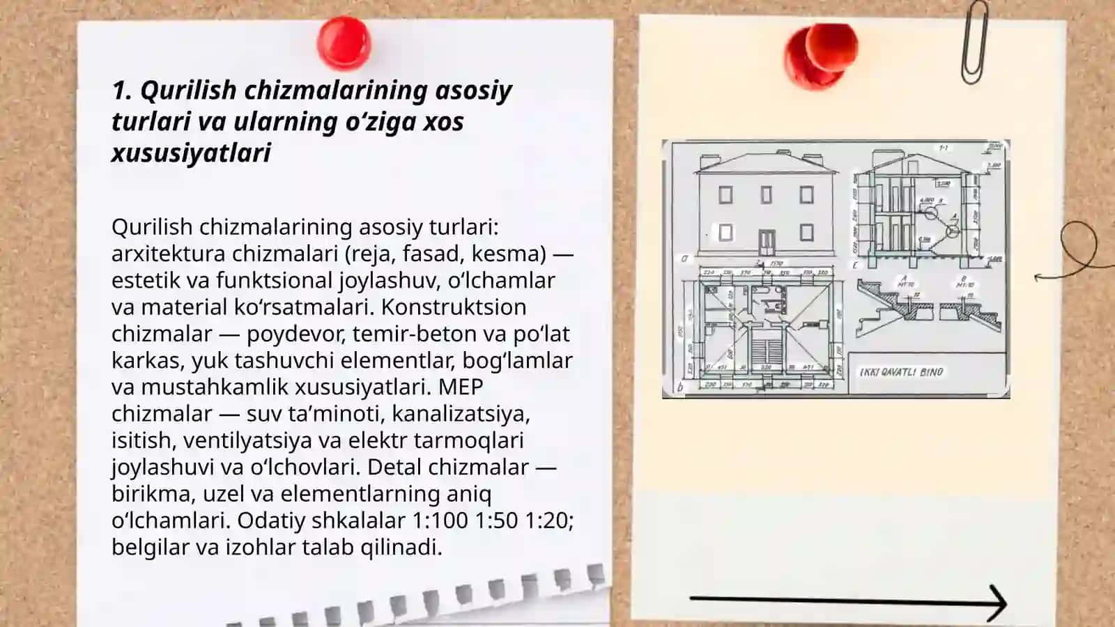 Qurilish chizmalarini oʻziga xos xususiyatlari, bino turlari va qurilish nomi hamda yoʻriqnomalar haqida qisqacha maʼlumotlar 3