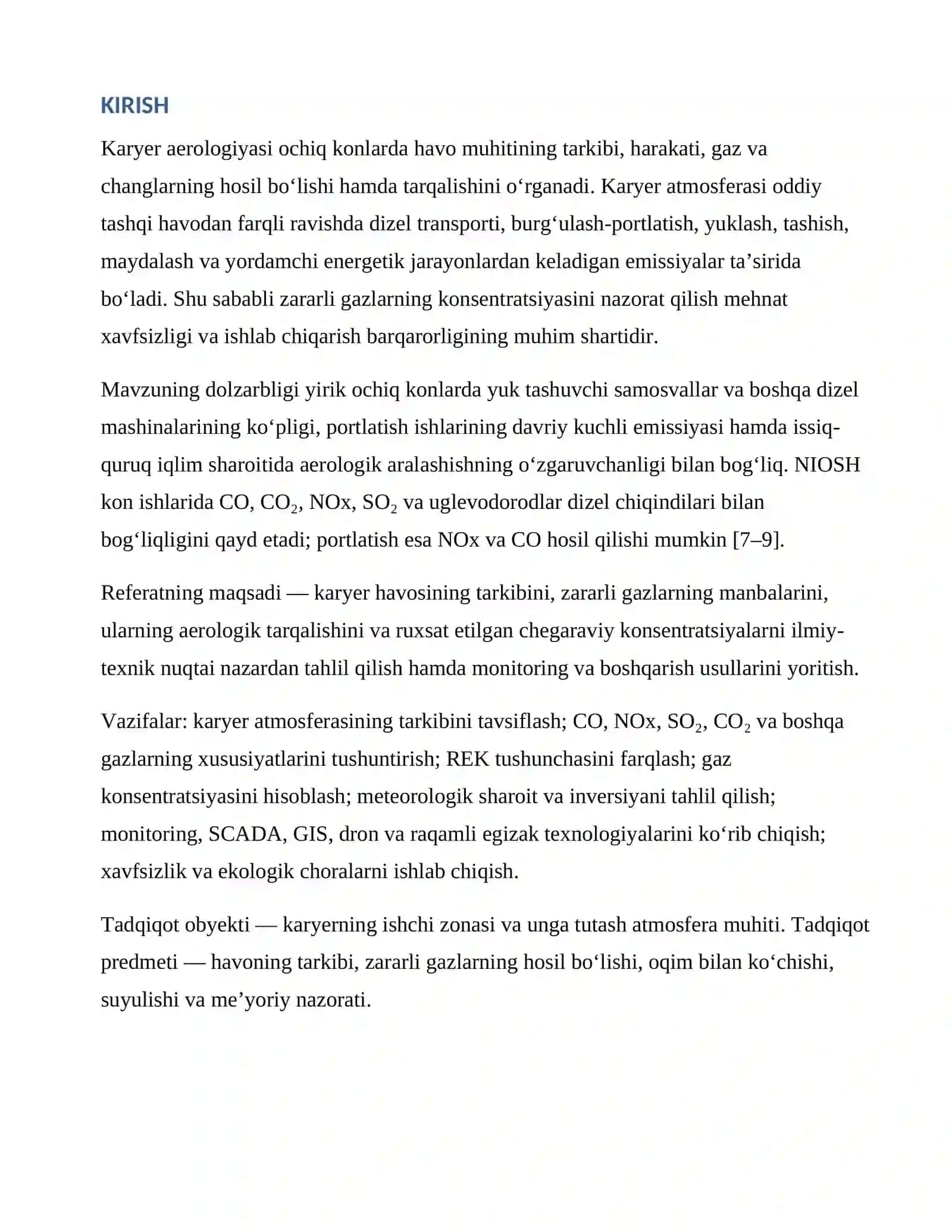 Karyer havosining tarkibi va undagi zararli gazlarning ruxsat etilgan konsentratsiyasi (REK) 3