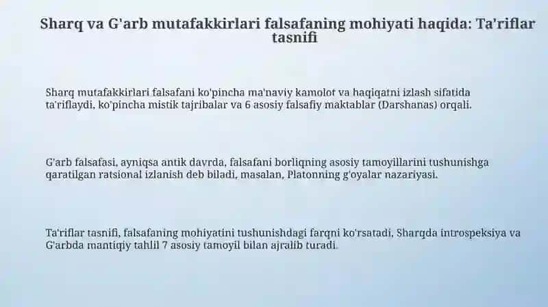 Falsafaning mohiyatiga oid Sharq va G'arb mutafakkirlari ta'riflarini tasniflash 3