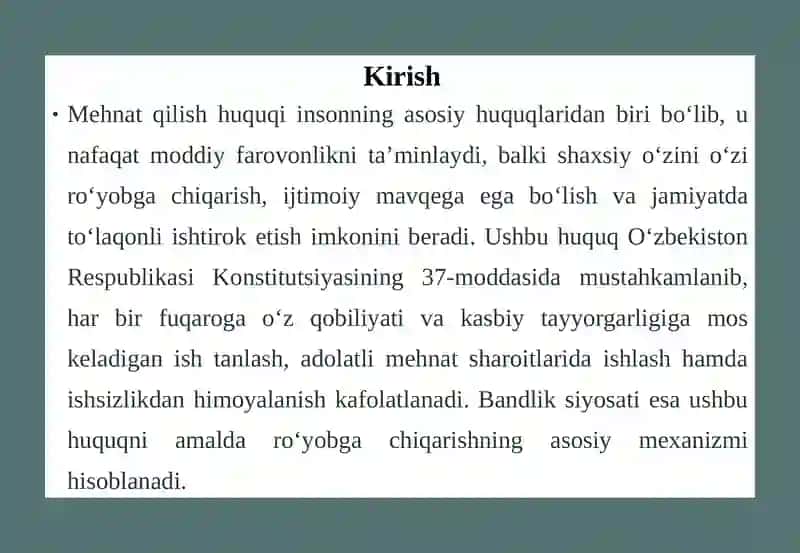 Insonning mehnat qilish huquqini ta’minlashda bandlik va ish bilan ta’minlashning o‘rni 3