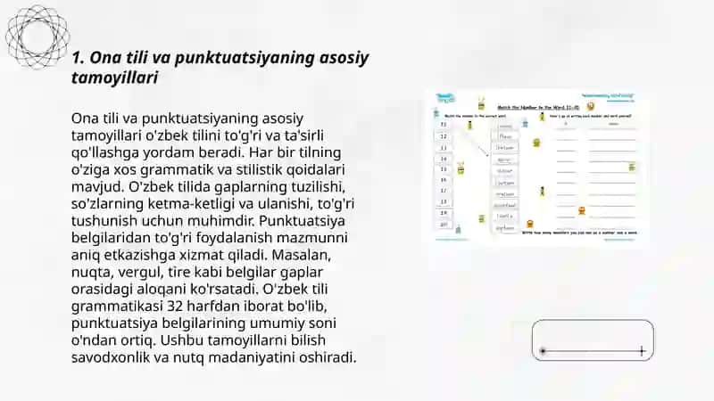 Ona tili va punktuatsiyaning asosiy tamoyillari Nutq uslubi Gap boʻlaklari sanalmaydigan birliklar Undalma va uning xususiyatlari Bir bosh boʻlakli va ikki bosh boʻlakli gaplar Sabab oʻxshatish shartli toʻsiqsiz natija ergash gapli qoʻshma gap 3