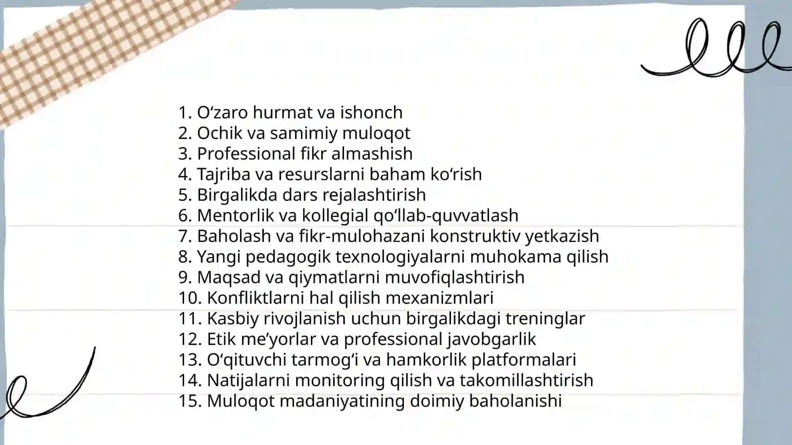 Oʻqituvchi oʻqituvchi, Oʻqituvchi-oʻquvchilar jamoasi,Oʻqituvchi-maktab rahbariyati,Oʻqituvchi -bolalarning ota onalari” orasidagi muloqot madaniyati 3