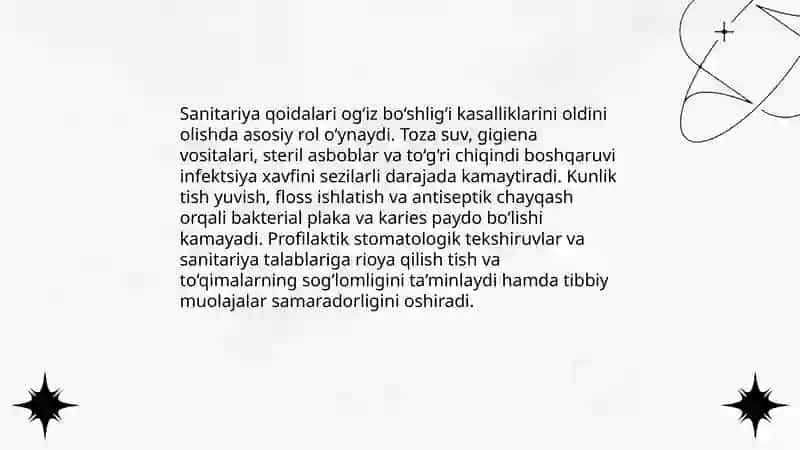 Sanitariya qoidalarining og‘iz bo‘shlig‘i kasalliklarini oldini olishdagi umumiy ahamiyati 3