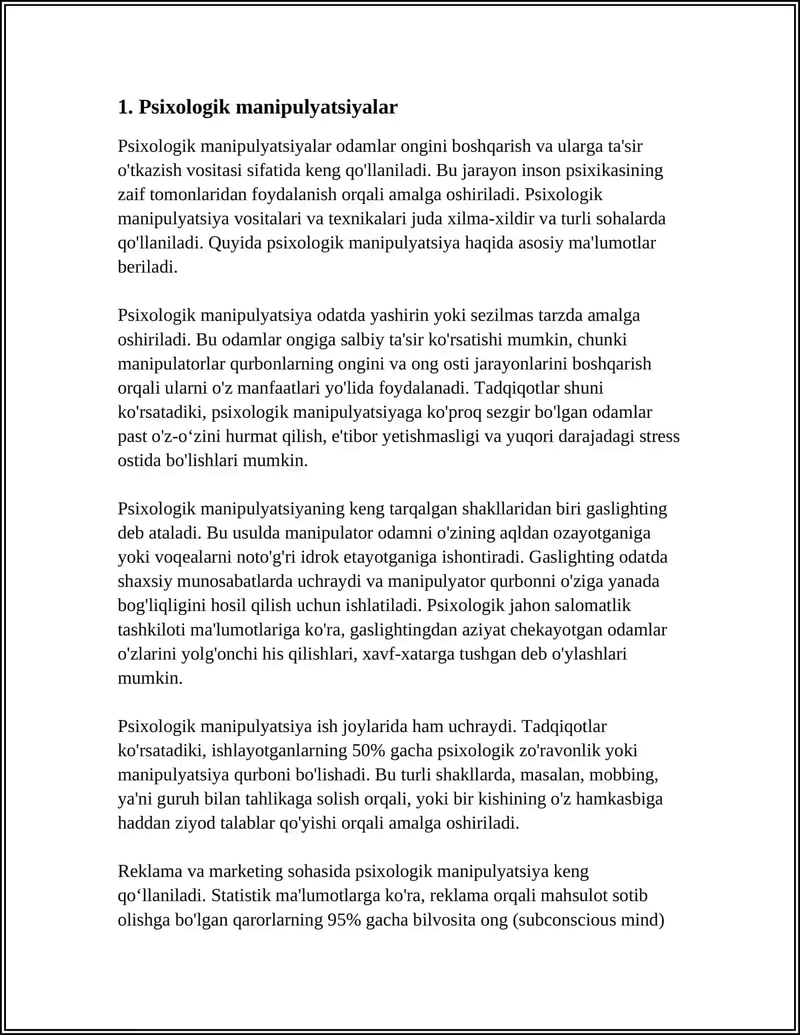 MUSTAQIL ISH Mavzu: SHAXSGA YO‘NALTIRILGAN AXBOROT:PSIXOLOGIK,DINIY VA MADANIY TAHDIDLAR 3