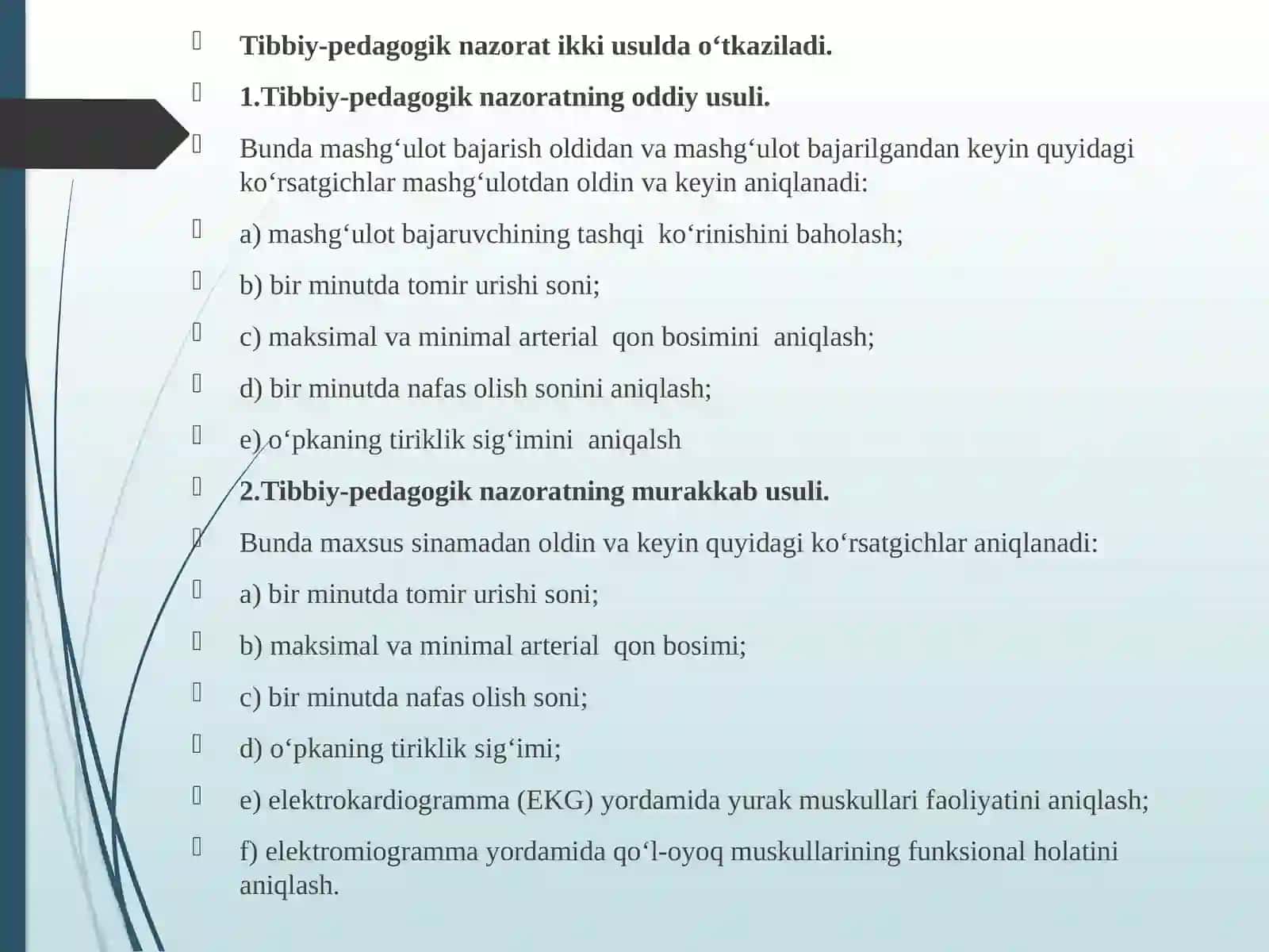 AMALIY MASHG‘ULOT № 6 SPORT VA JISMONIY TARBIYA BILAN SHUGʻULLANISH JARAYONIDAGI TIBBIY PEDAGOGIK NAZORAT.TAKRORIY VA QOʻSHIMCHA YUKLAMALI SINAMALAR. OʻTKAZISH USLUBI. OLINGAN NATIJALARNI BAHOLASH.JISMONIY TARBIYA VA SPORT BILAN SHUGʻULLANUVCHI BOLALAR, OʻSMIRLAR VA AYOLLARDA TPN 3
