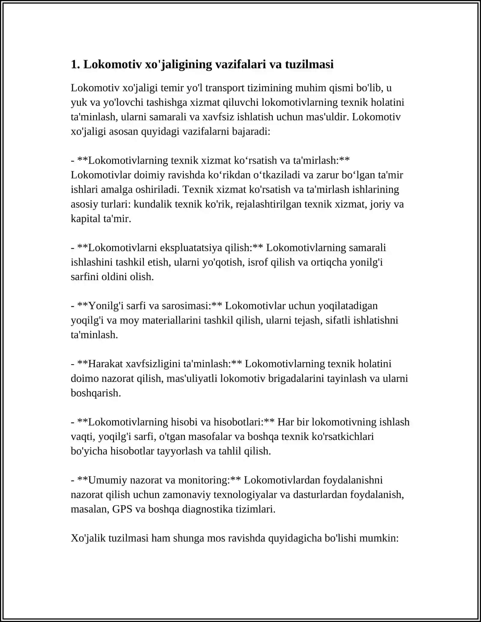 LOKOMATIV XOJALIGI HAQQINDA ULIWMA MAGLIWMATLAR.LOKOMOTIVLARGA XIZMET KORSETIW HAM BASQARIWDI SHOLKEMLESTIRIW 3