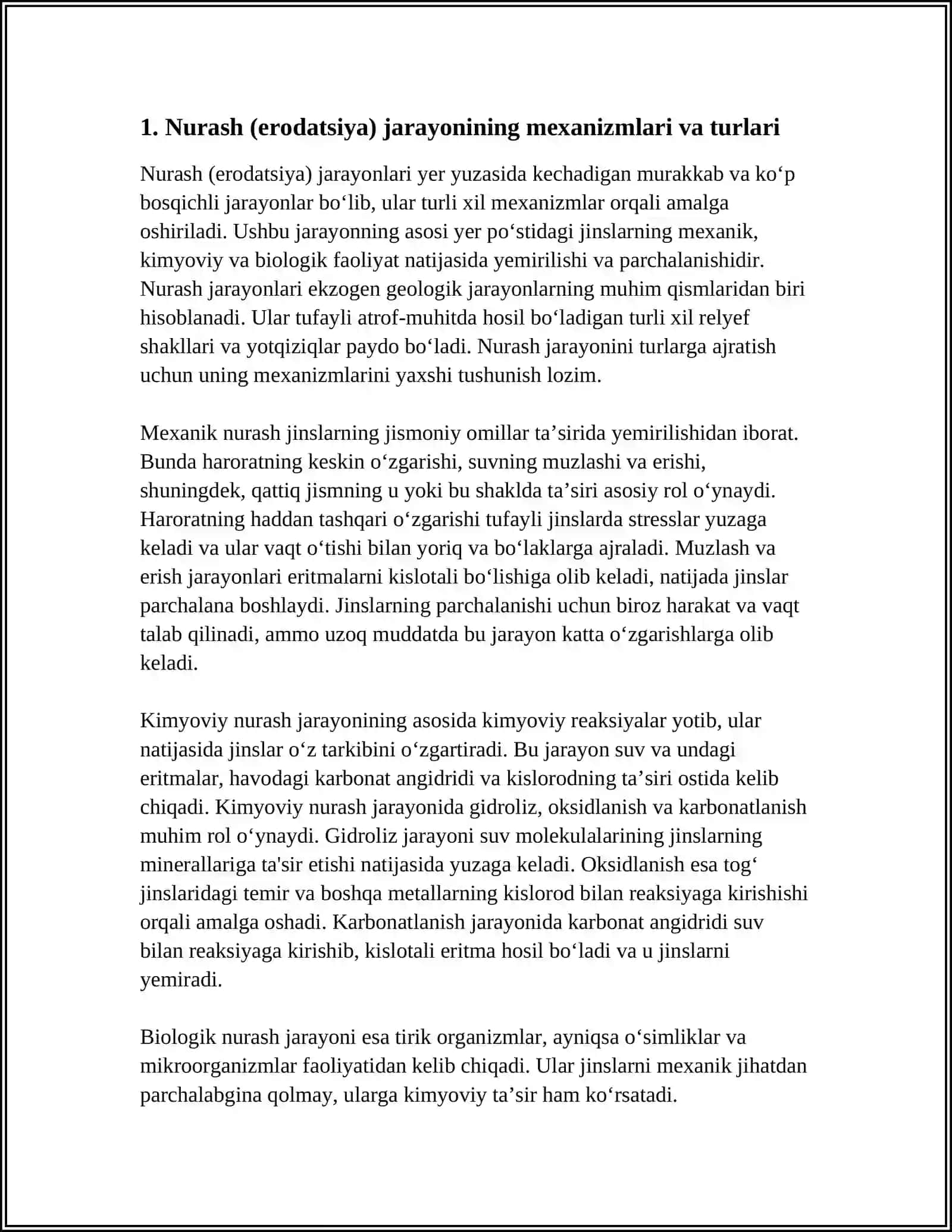EKZOGEN GEOLOGIK JARAYONLAR. NURASH JARAYONIDA HOSIL BO‘LGAN YOTQIZIQLAR VA RELEF 3