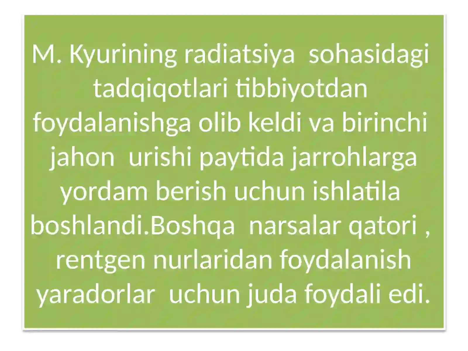 M.KYURINING KIMYOVIY KASHFIYOTI. RADIY BIRIKMALARINING XOSSALARI 3