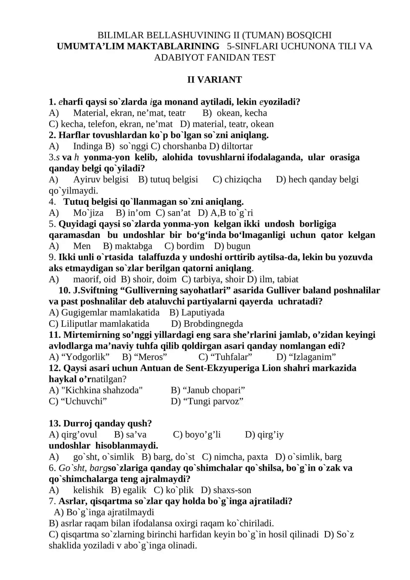 TUMAN BOSQICHI UMUMTA’LIM MAKTABLARINING 5-SINFLARI UCHUN ONA TILI VA ADABIYOT FANIDAN TEST 3
