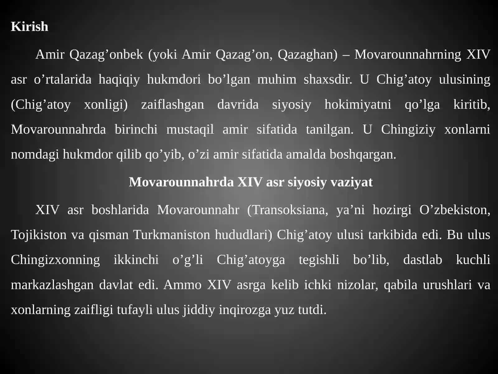Amir Qazag’onbek – Movarounnahrning birinchi mustaqil amiri. 3