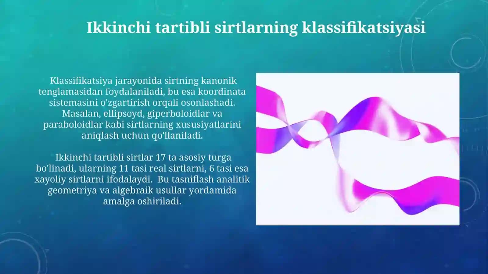 Ikkinchi tartibli sirtlaming urinma tekisligi va dismetrial tekisligi tenglamalari 3