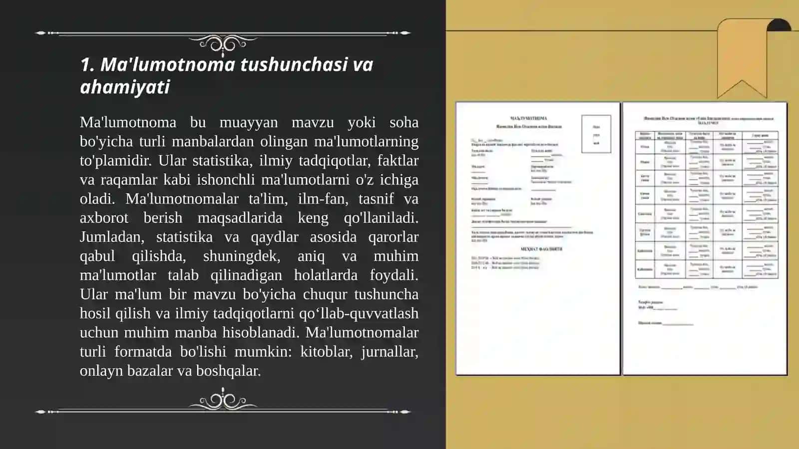 Ma'lumotnoma - axborot hujjatlari. Ma'lumot -axborot hujjatlarining til xususiyatlari va qo'llanishi, Dalolatnoma, ishonchnoma , ma'lumotnoma, tavsifnoma , tavsiyanoma, tarjimai hol, tilxat , tushuntirish xati, e'lon, hisob 3