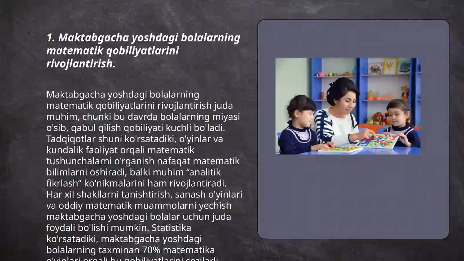 Maktabgacha yoshdagi bolalarni har tamonlama rivojlantirishda va ularni maktabga tayyorlashda matematik bilimlarning o‘rni 3