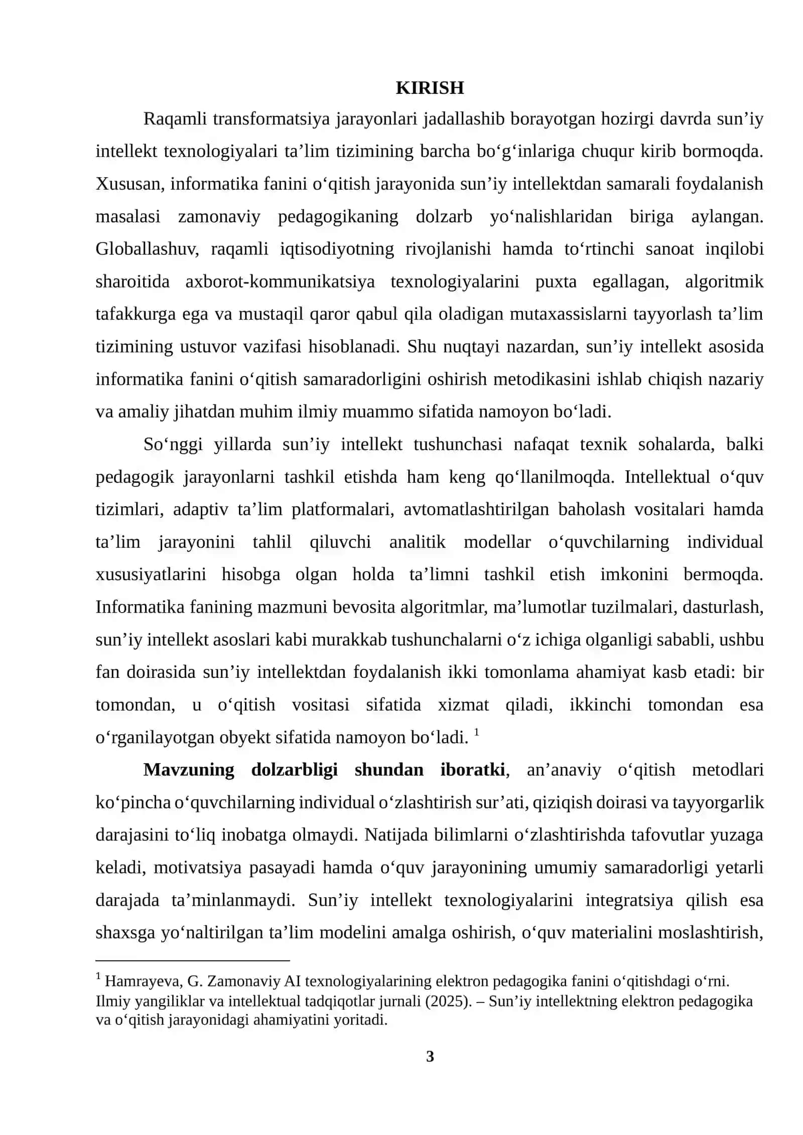 Sun’iy intellekt asosida informatika fanini o‘qitish samaradorligini oshirish metodikasi mavzusida 3