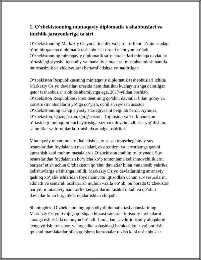 O'ZBEKISTONNING MARKAZIY OSIYODA TINCHLIK VA BARQARORLIKNI TAʼMINLASHDAGI O'RNI 3