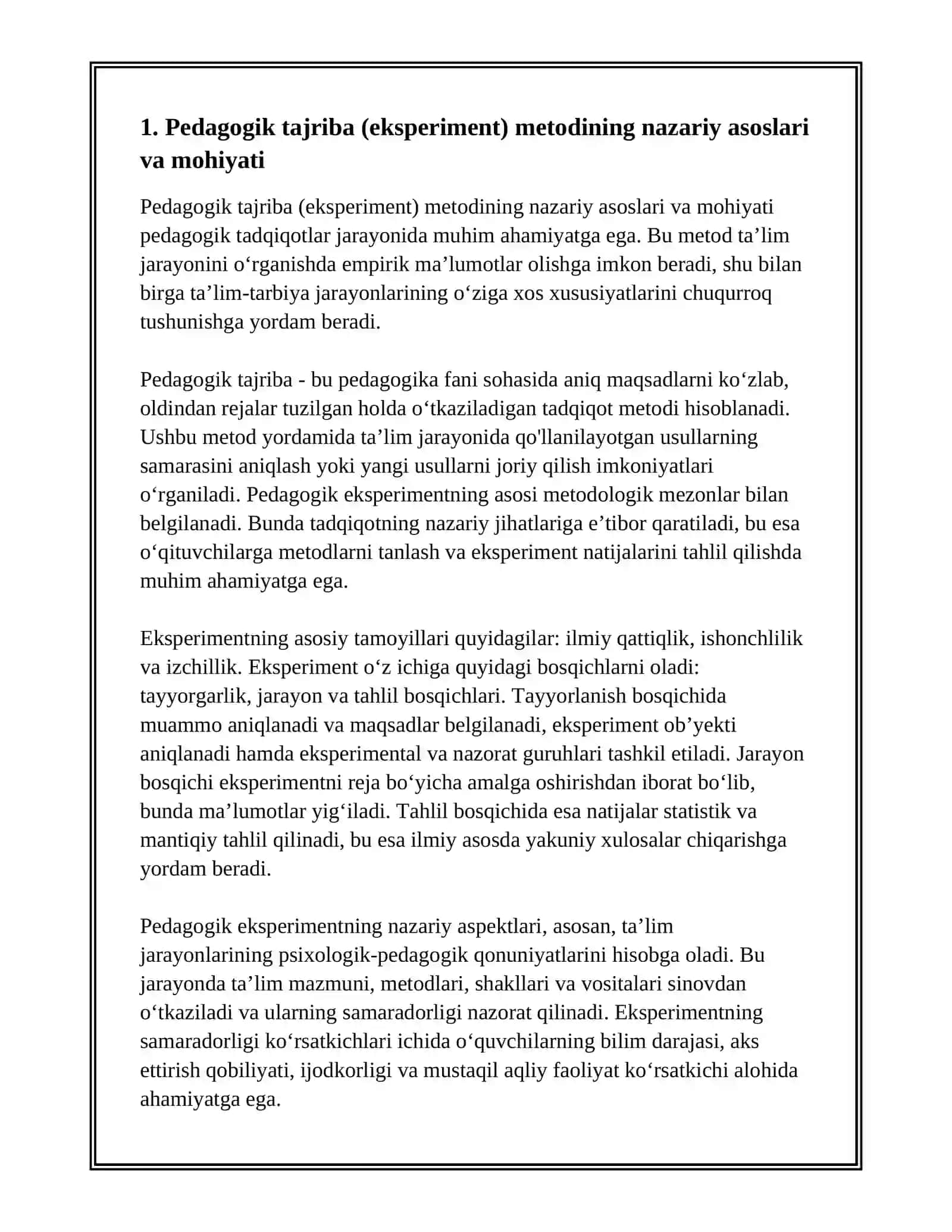 PEDAGOGIK TAJRIBA (EKSPERIMENT) METODI VA UNI TASHKIL ETISH BOSQICHLARI 3