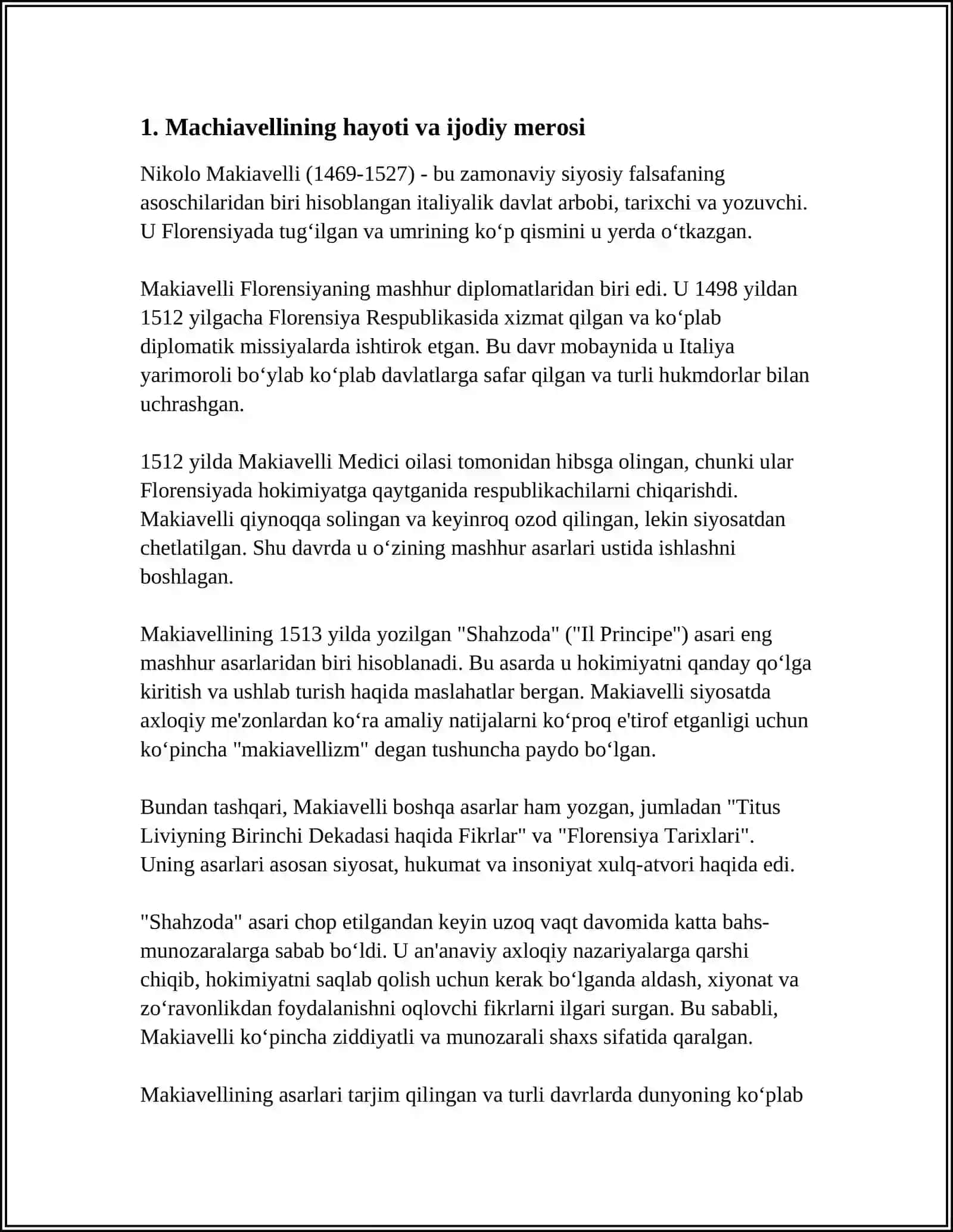 MAKIAVELLI NING "HUKUMDOR" ASARI BOʼYICHA MUSTAQIL ISH 3