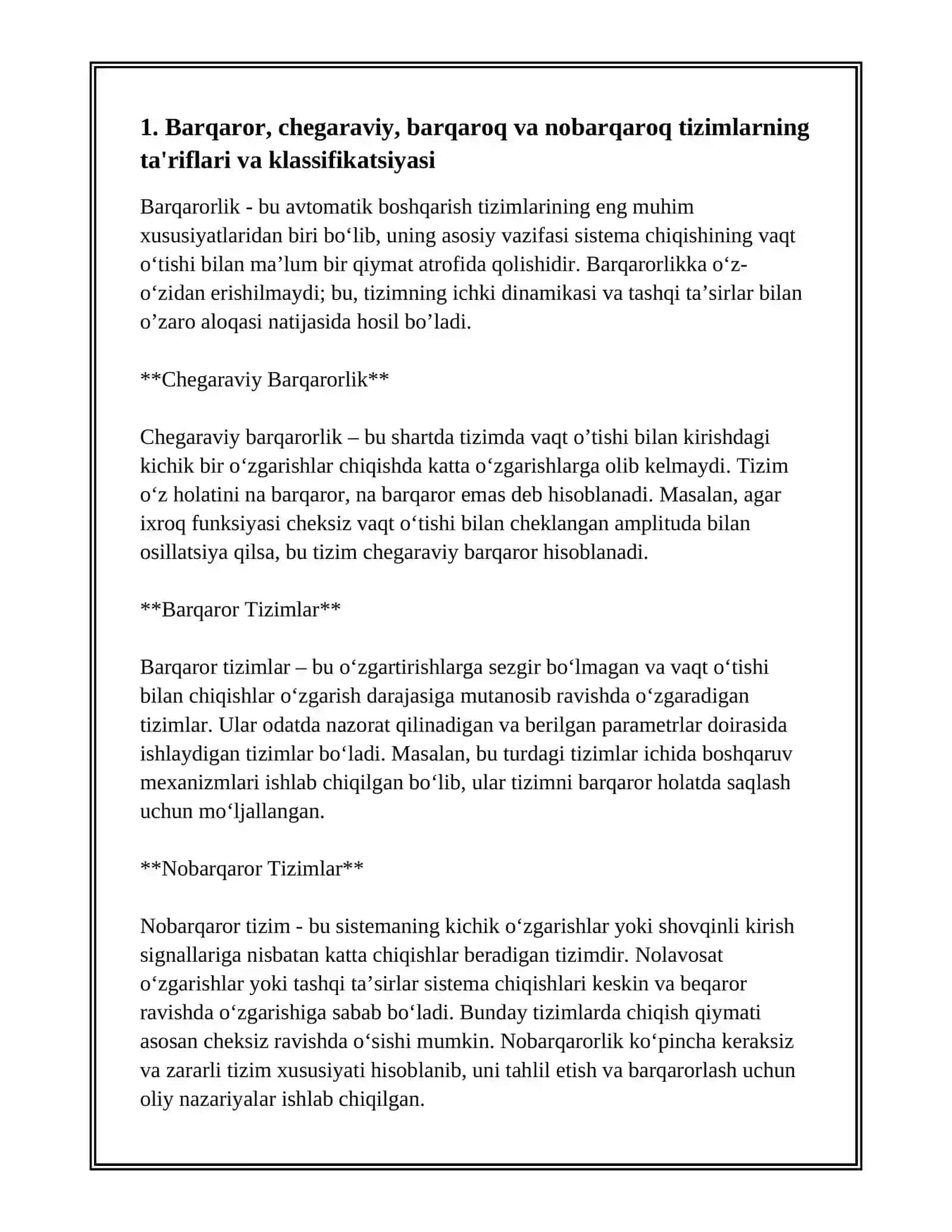 AVTOMATIK BOSHQARISH NAZARIYASIDA BARQAROR CHEGARAVIY BARQAROQ VA NOBARQAROQ TIZIMLARNING FARQI 3
