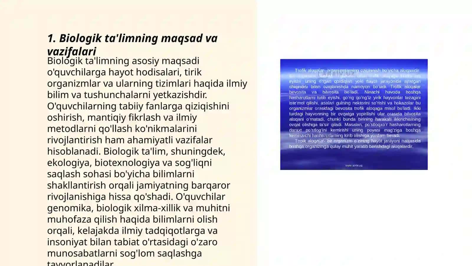 Biologik ta'lim mazmuni, metodlari, vositalari va shakllarining uyg'unligi 3