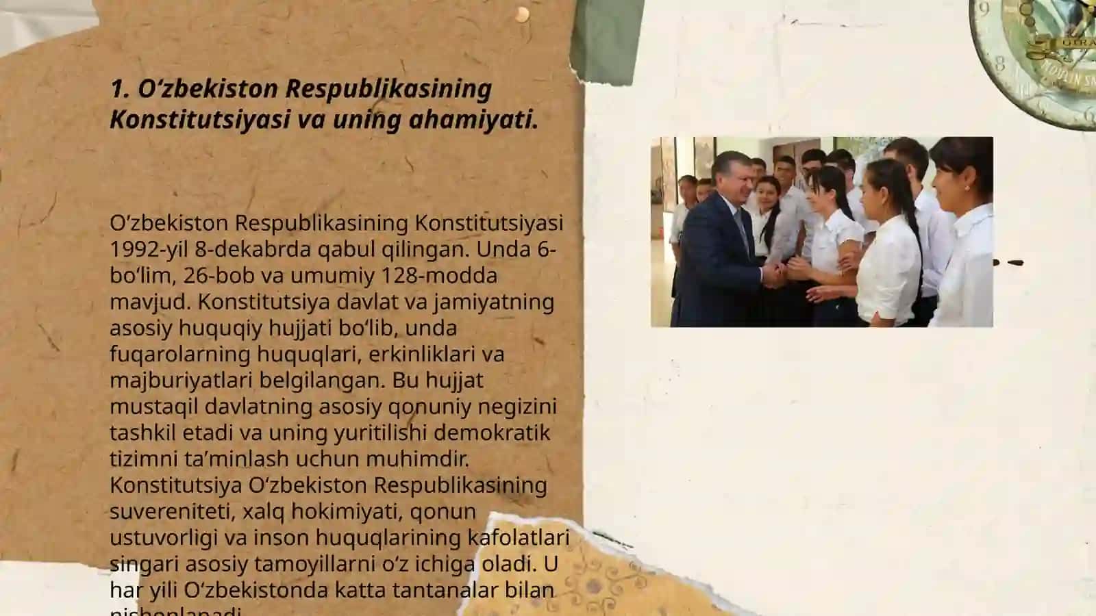 Oʻzbekiston respublikasi Konstitutsiyasi -huquq va erkinliklar kafolat. "Korrupsiya" tushunchasi va uning mazmun mohiyati. Korrupsiyaga qarshi kurashishni asosiy mexanizmlari. Oʻzbekiston Respublikasida inson salomatligi oliy qadriyat sifatida. Oʻzbekiston fuqarolik jamiyati institutlarining shakllanishi 3