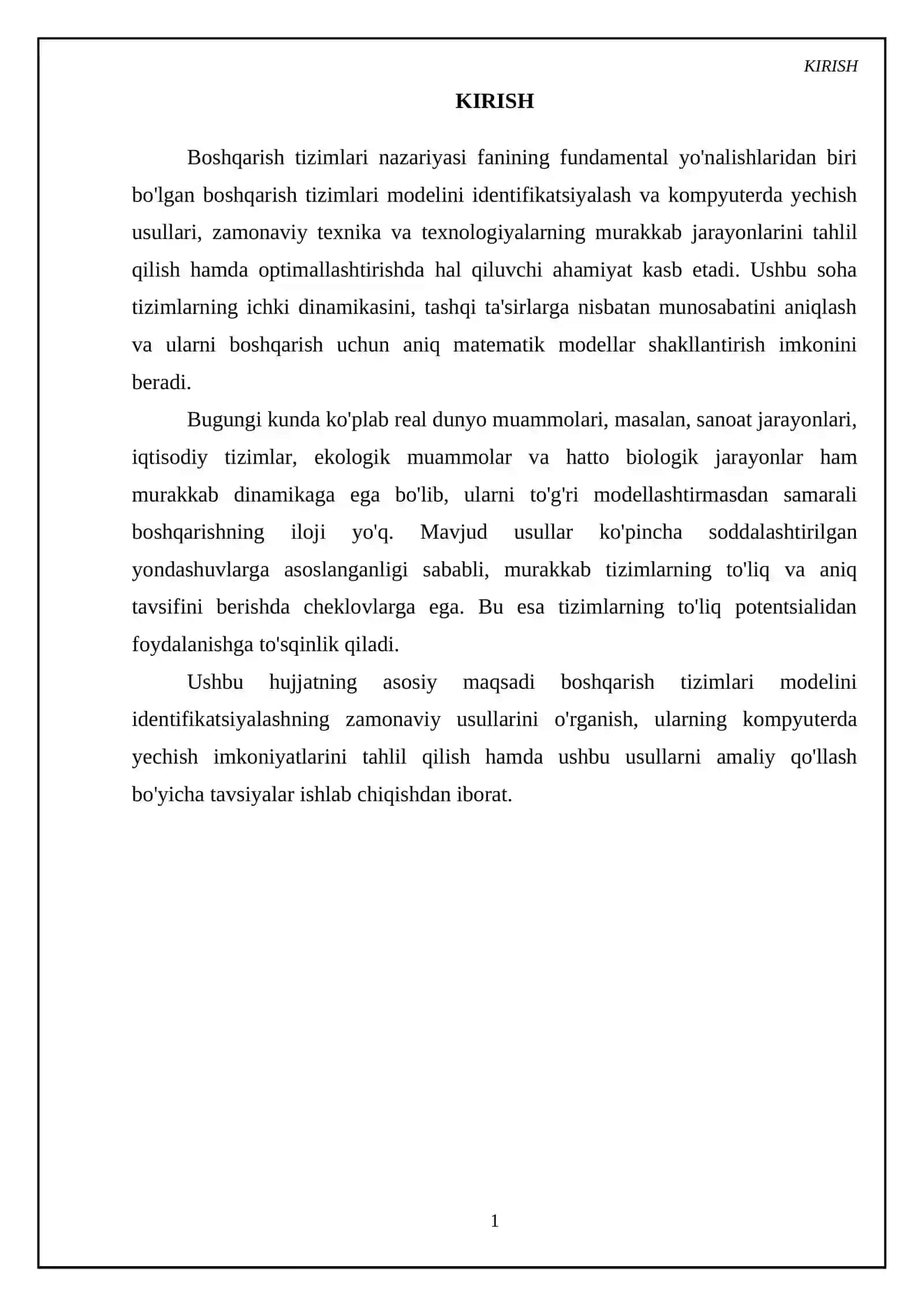 Boshqarish tizimlari modelini identifikatsiyalash va kompyuterda yechish usullari 3