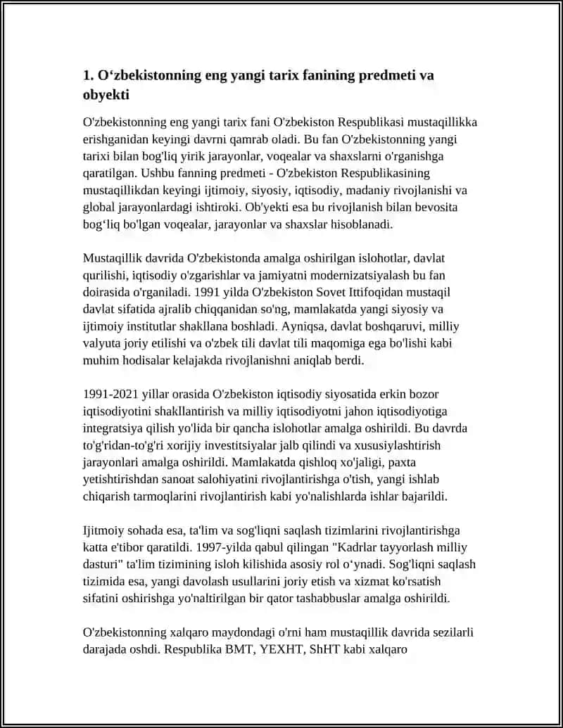 REFERAT Mavzu: OʻZBEKISTONNING ENG YANGI TARIXI FANINING PREDMETI MAQSADI VA VAZIFALARI 3