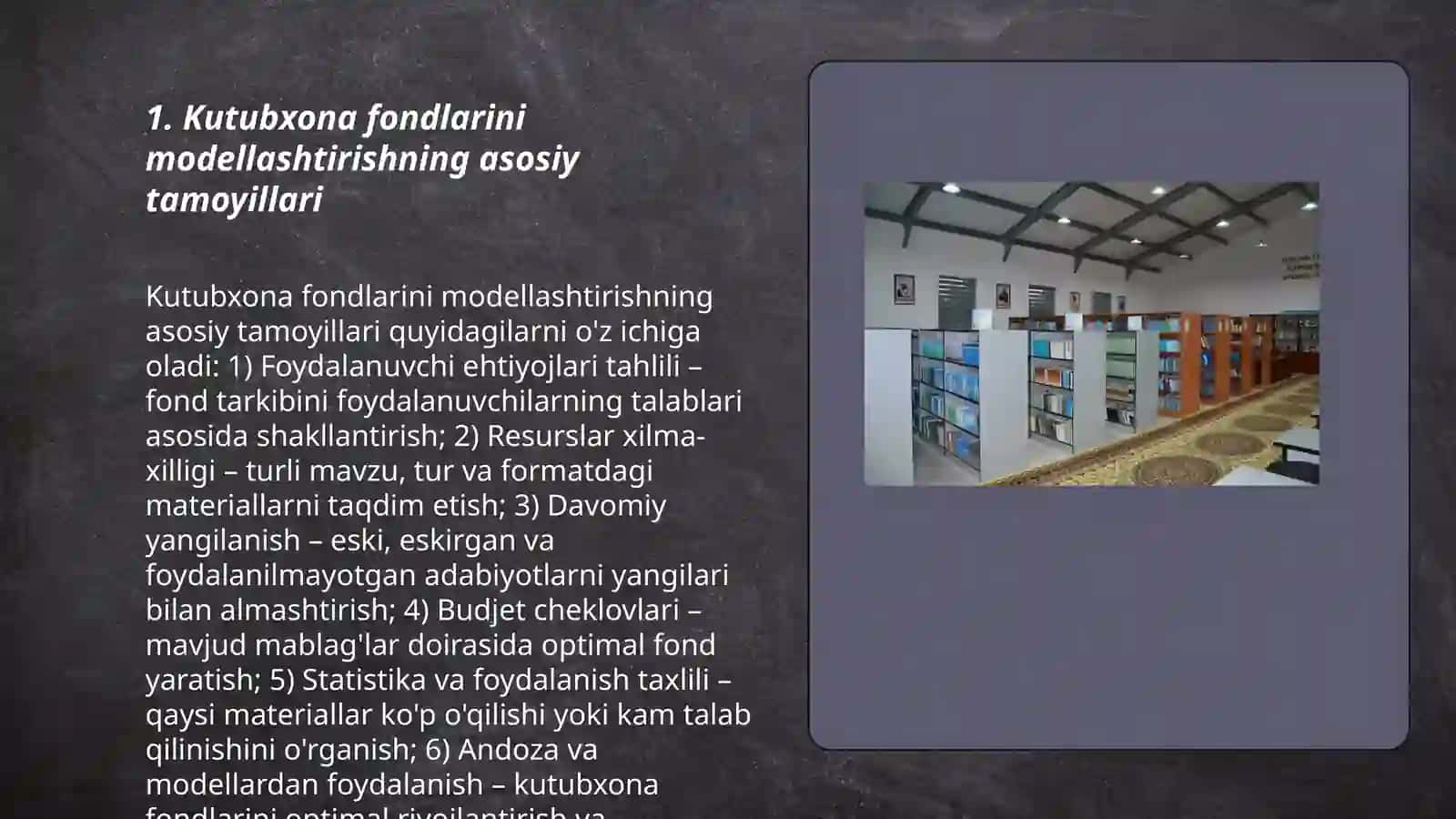 Kutubxona - axborot muassasalari fondlarini modellashtirishni o'rganish 3
