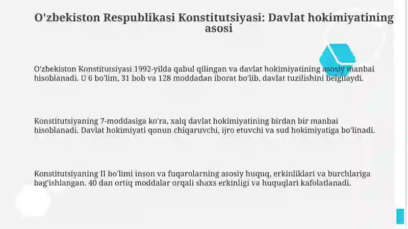 O'zbekiston davlat hokimyatni amalga oshirishning huquqiy asoslari 3