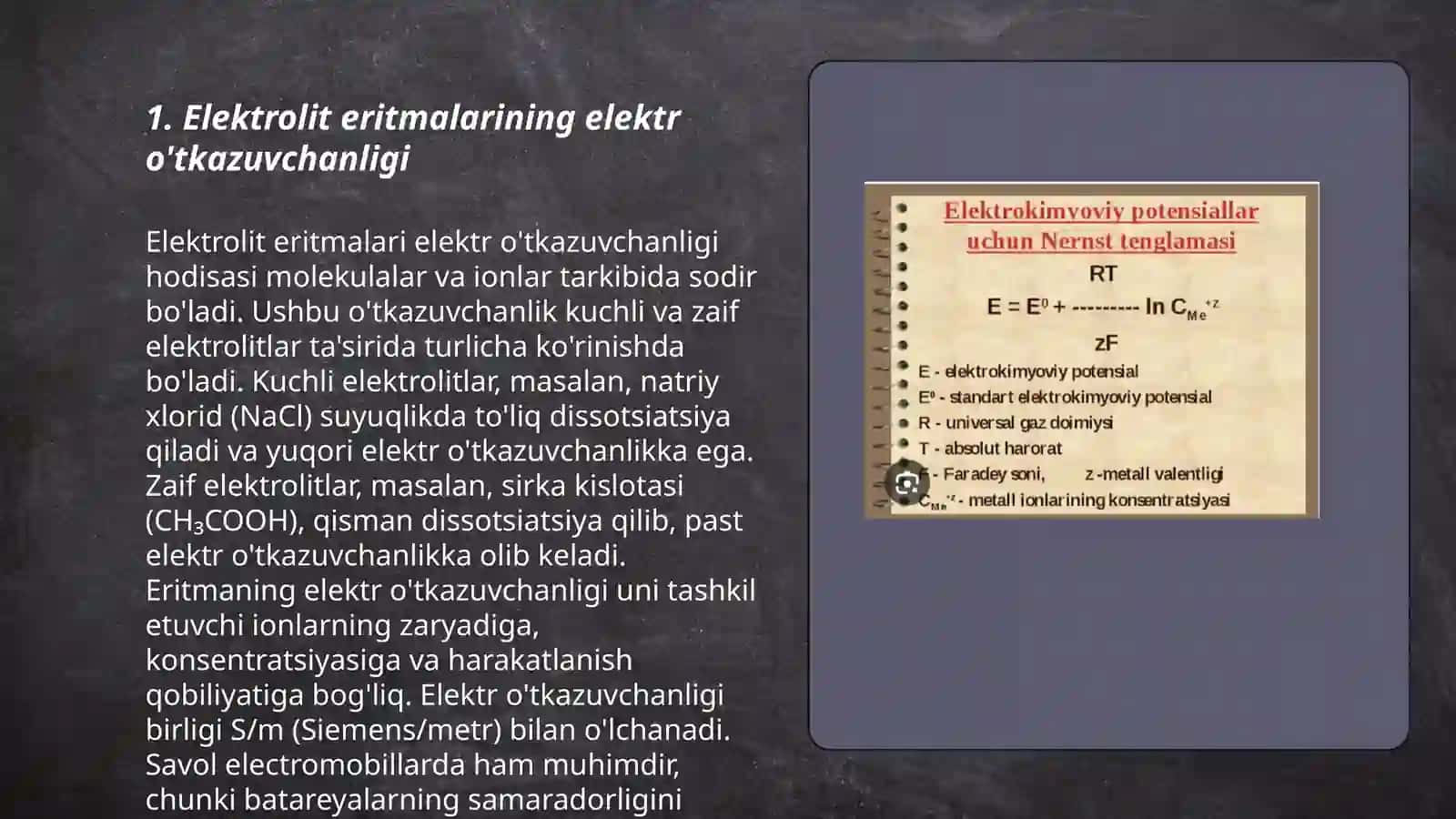 Elektrolit eritmalarning elektr oʻtkazuvchanligi.Elektrodlardagi jarayonlar.Potensiallar xosil bõlishi.Elektrokimyoviy davolash va diagnostika usullari 3