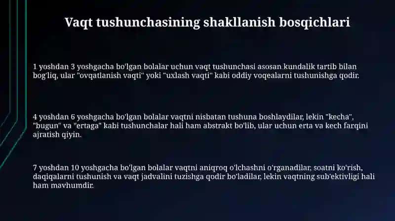 Bolalarda vaqt tushunchasini shakllantirish bosqichlari 3