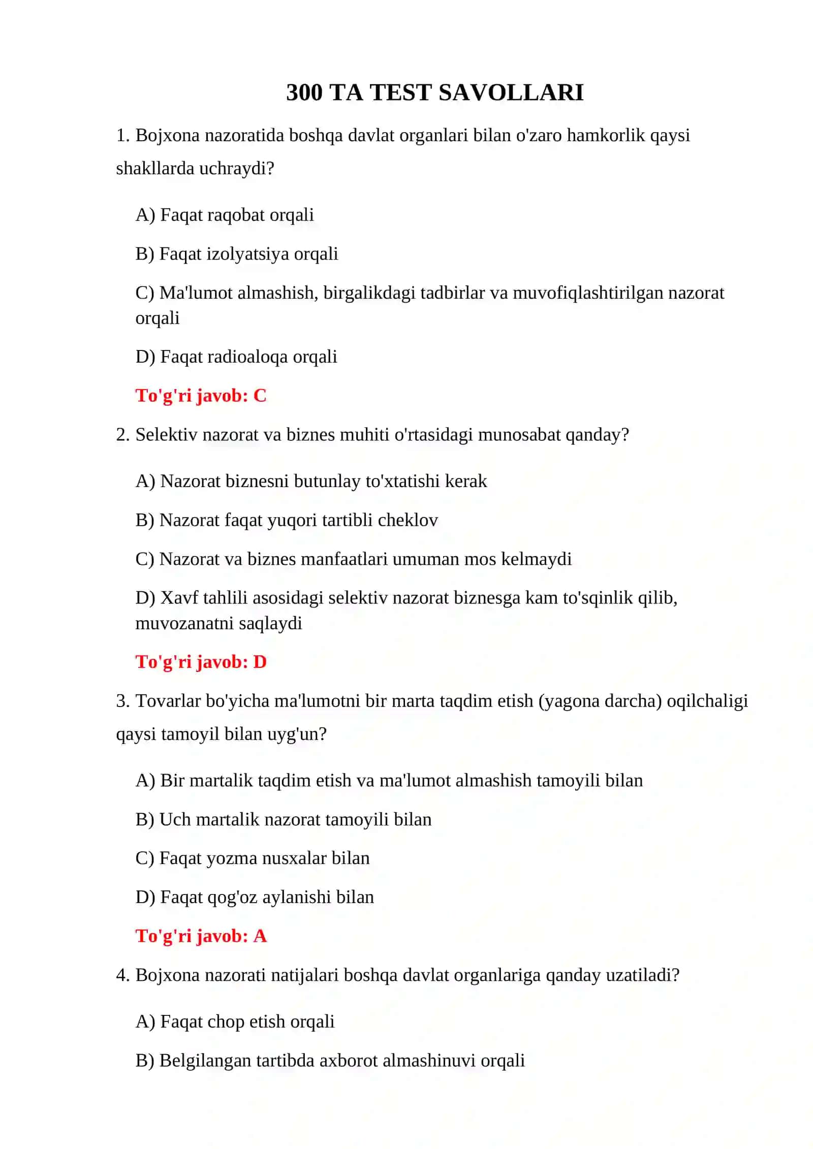 BOJXONA NAZORATI 300 TA TEST 3