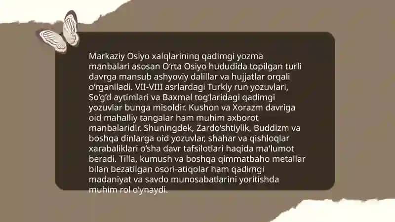 Markaziy Osiyo xalqlari manbashunosligini tarixiy materiallar asosida qiyosiy tahlil qilib taqdimot tayyorlash 3