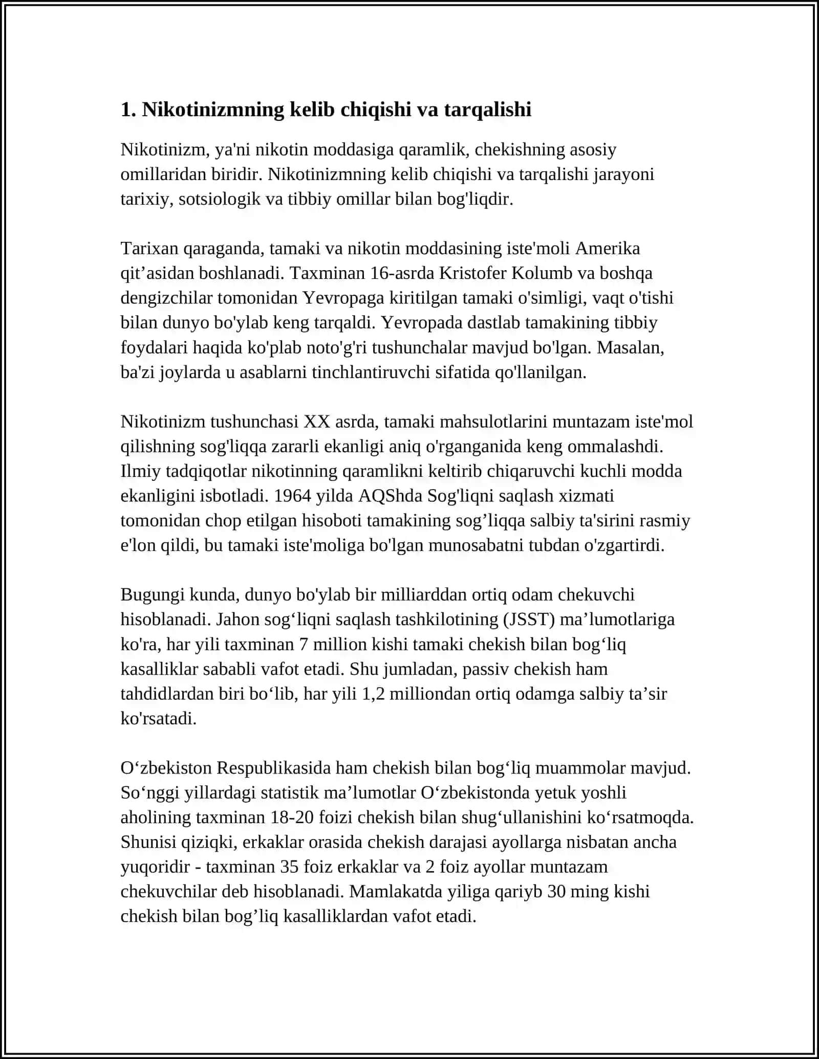 MUSTAQIL ISH Mavzu: NIKOTINIZM VA UNING ASORATLARI. NIKOTINIZMNING O’SMIRLAR VA AYOLLAR ORGANIZMIGA TA’SIRI 3