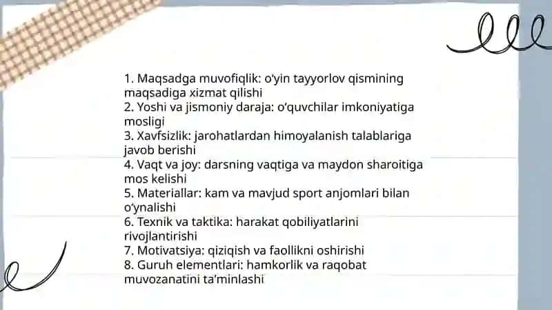 Milliy harakatli oʻyinlarini jismoniy tarbiya darsining tayyorlov va yakuniy qismiga mos holda tanlash va tahlil qilish 3