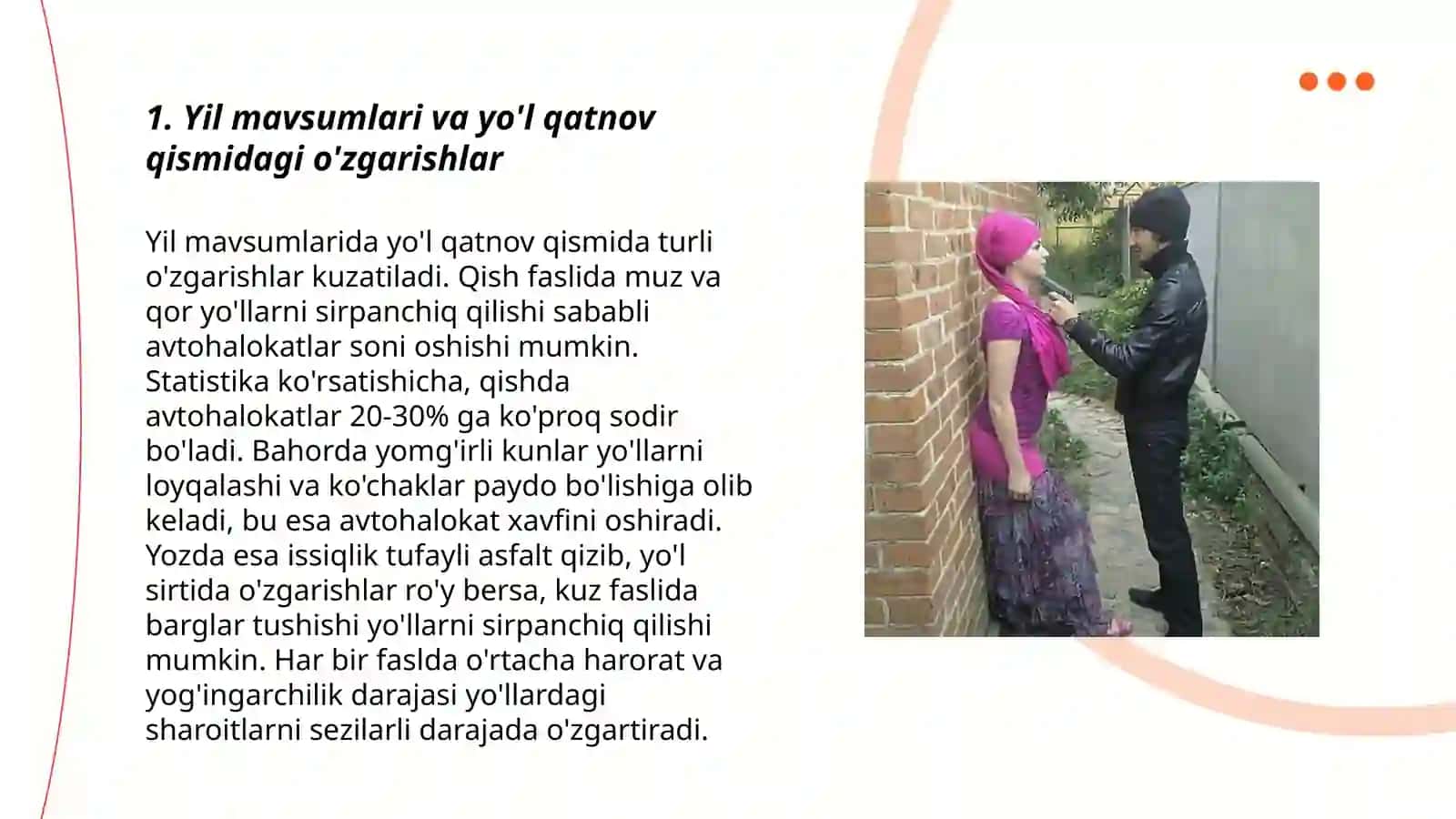 Yil mavsumlari bo’yicha qatnov qismi va yo’l yoqasi kengligining o’zgarishi 3