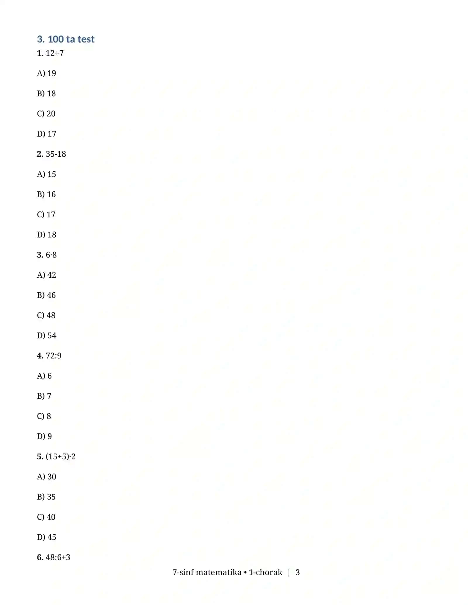 7-sinf matematika — 1-chorak 100 ta test va nazorat ishlari 3