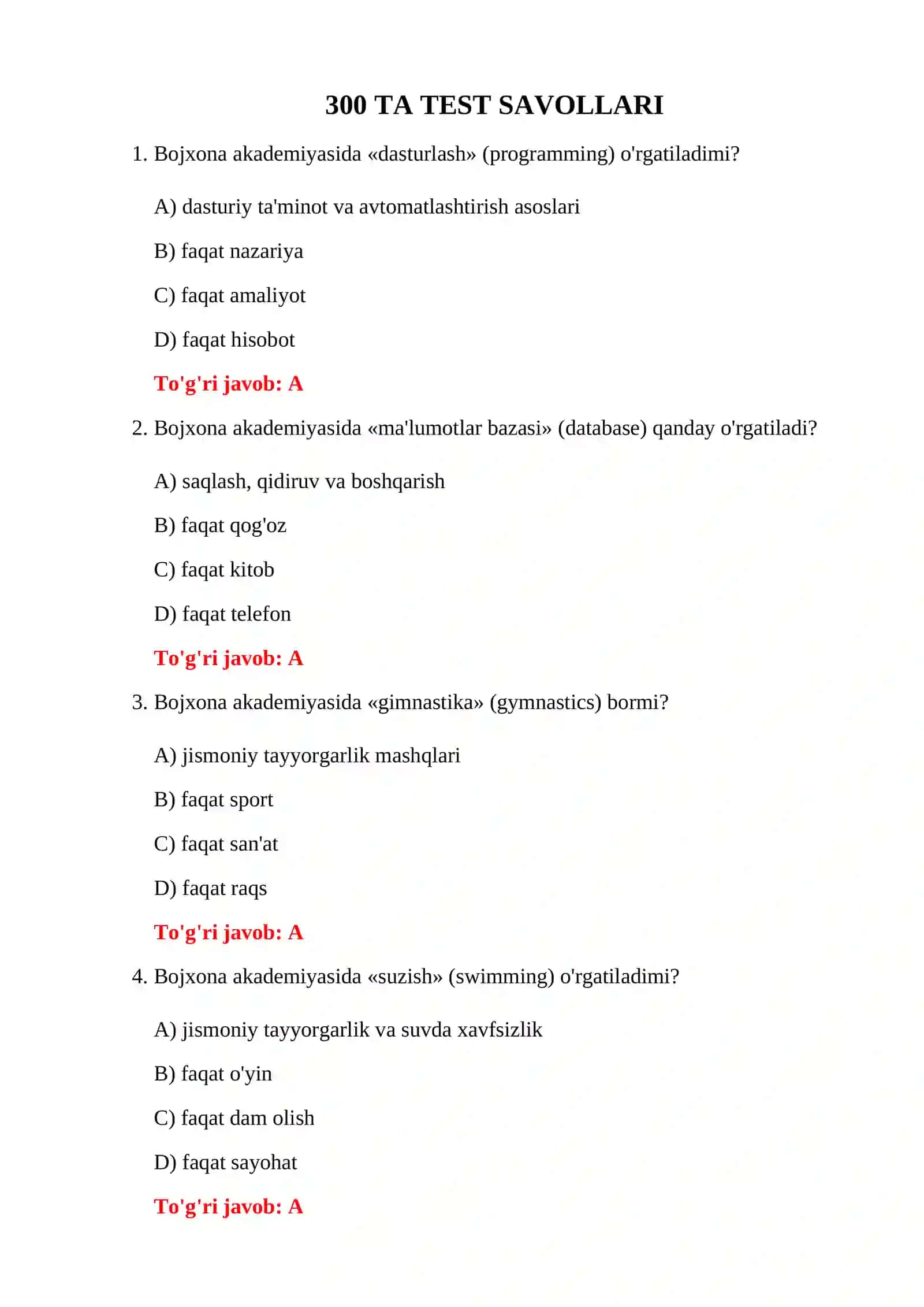 BOJXONA AKADEMIYASI 300 TA TEST 3