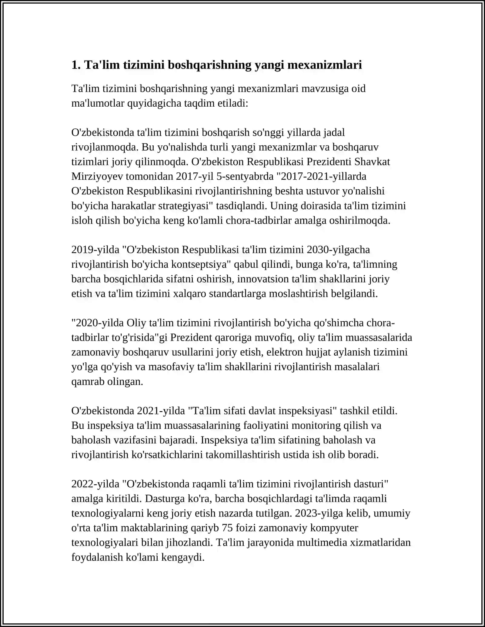 MUSTAQIL ISH Mavzu: O'ZBEKISTON RESPUBLIKASIDA TA'LIM SOHASIDA AMALGA OSHIRILGAN ISLOHOTLAR 3
