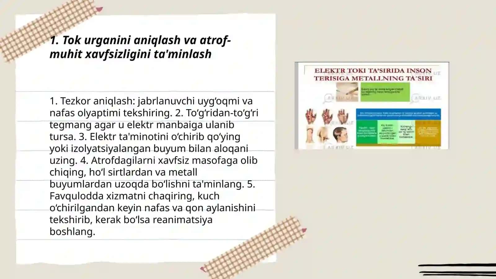 Elektr tokidan urganda birinchi yordam korsatish 3