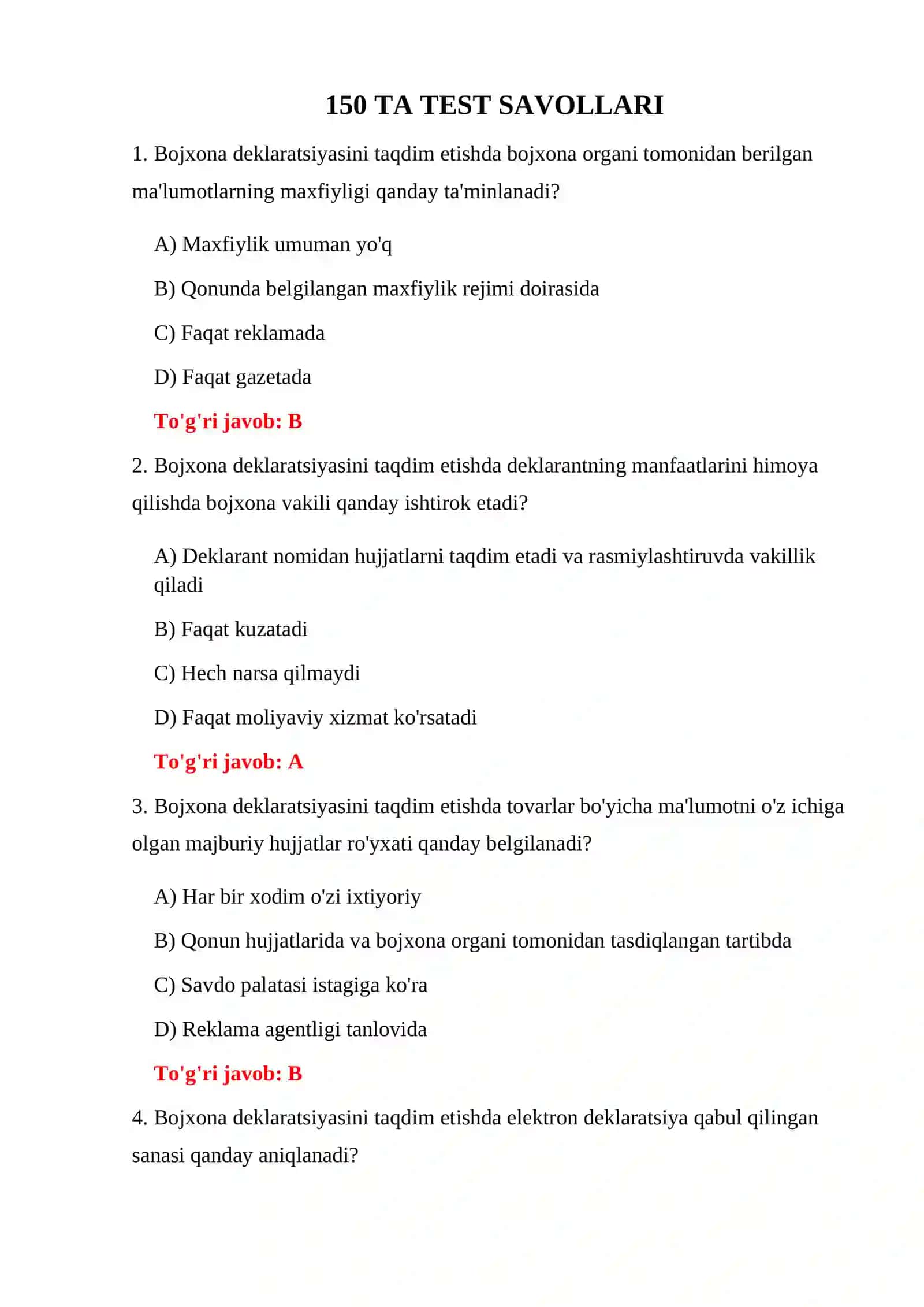 BOJXONA DEKLARATSIYASI TESTLARI 3