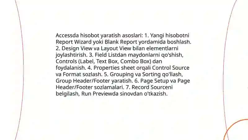 MBBT access dasturida hisobotlar yaratish va turli xil jadval strukturalari yaratish 3